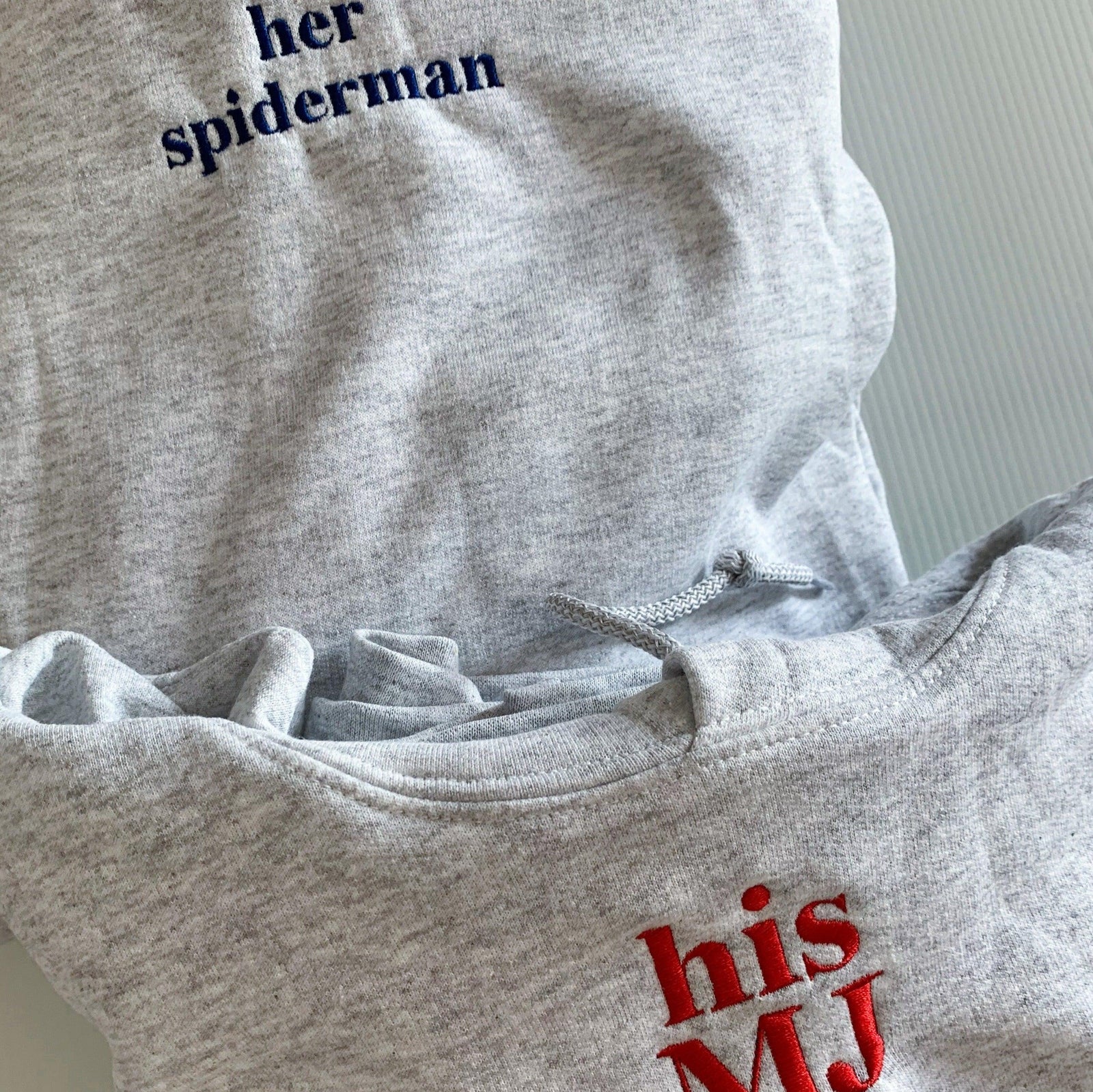 Custom Her Spiderman His MJ Embroidered Matching Set Couple Sweatshirt Hoodies