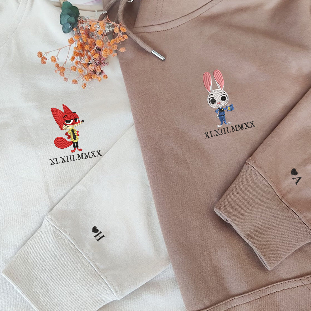 Custom Embroidered Roman Numeral Hoodies For Couples, Roman Numeral Date Hoodie, Rabbits Cartoon Couples Embroidered Hoodie