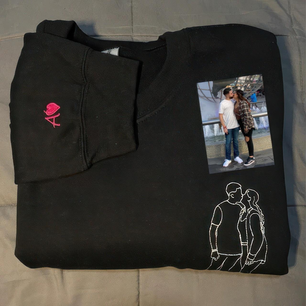 Custom Embroidered Sweatshirts For Couples, Custom Embroidered Portrait Outline From Photo Embroidered Matching Couples Hoodie Sweatshirt