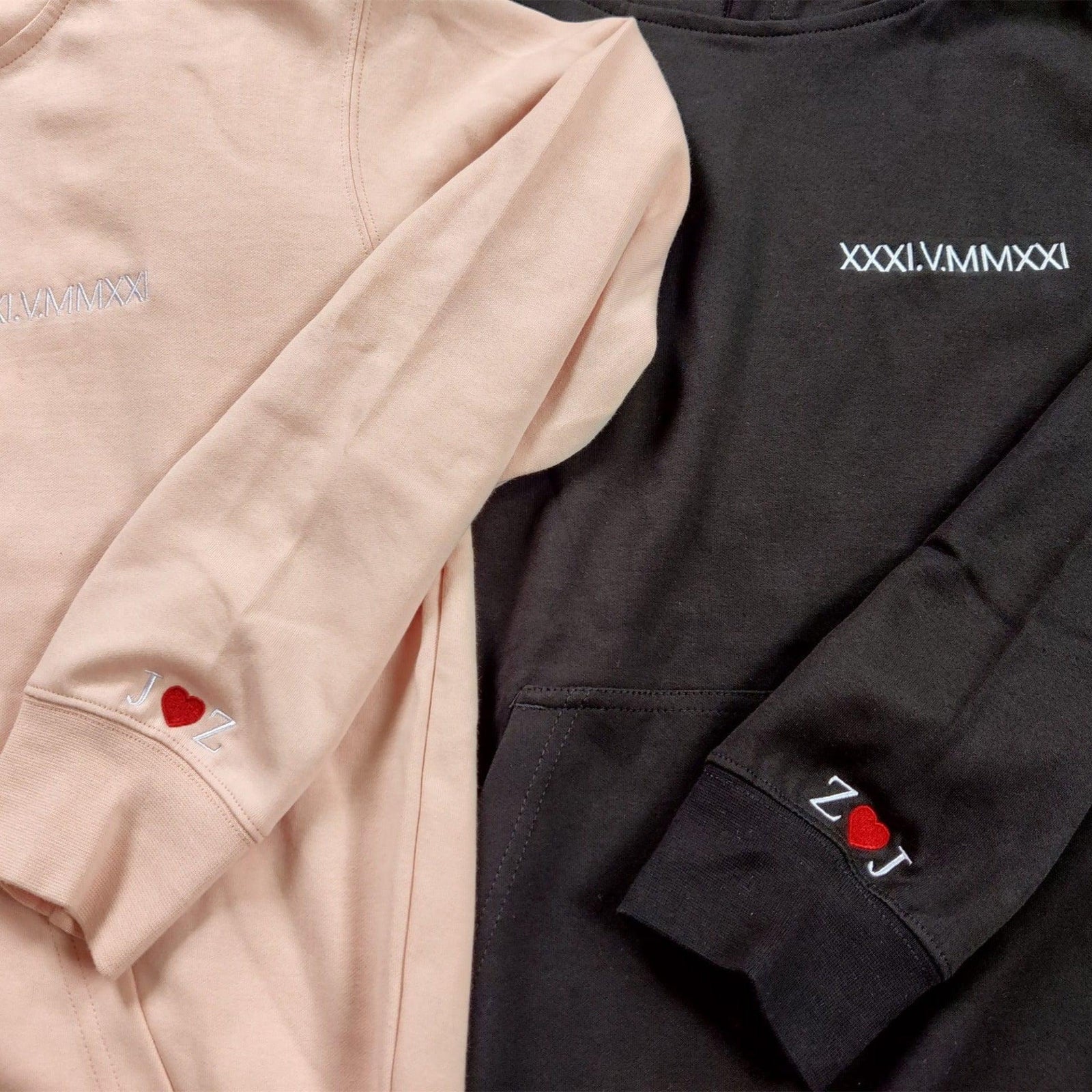Custom Embroidered Sweatshirts For Couples, Personalized Embroidered Roman Numeral Anniversary Date Heart Couple Initials Sweatshirt