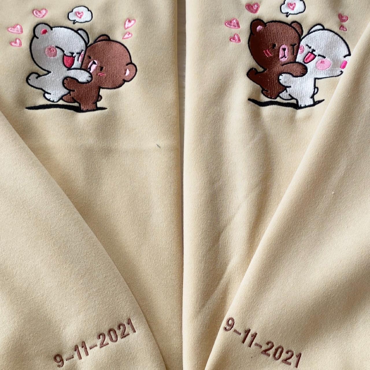 Custom Embroidered Sweatshirts For Couples, Custom Cute Couple Mocha Milk Bears Embroidered Sweatshirt