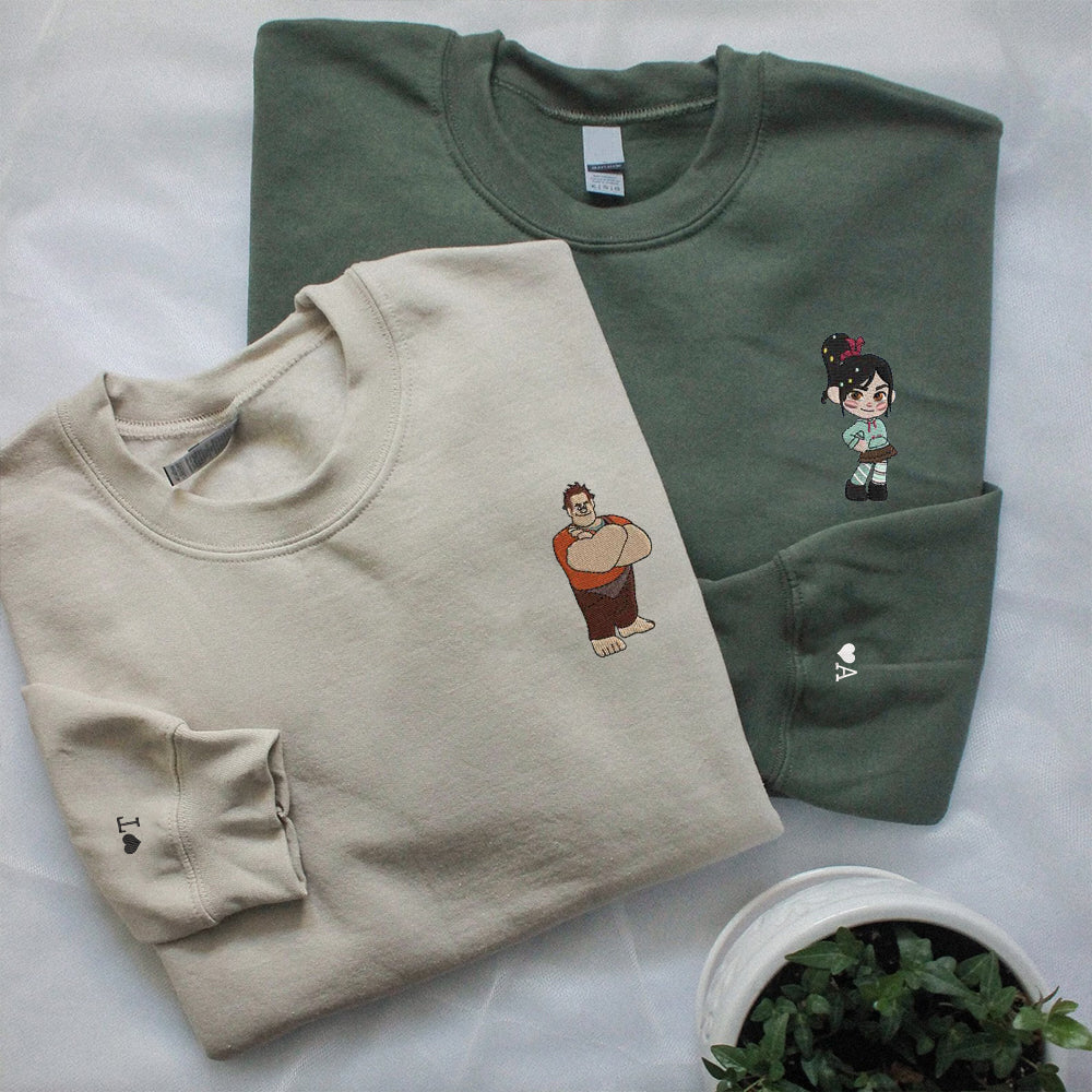 Custom Embroidered Sweatshirts For Couples, Custom Matching Couple Sweatshirt, Cute Cartoon Couples Embroidered Crewneck Sweater V2