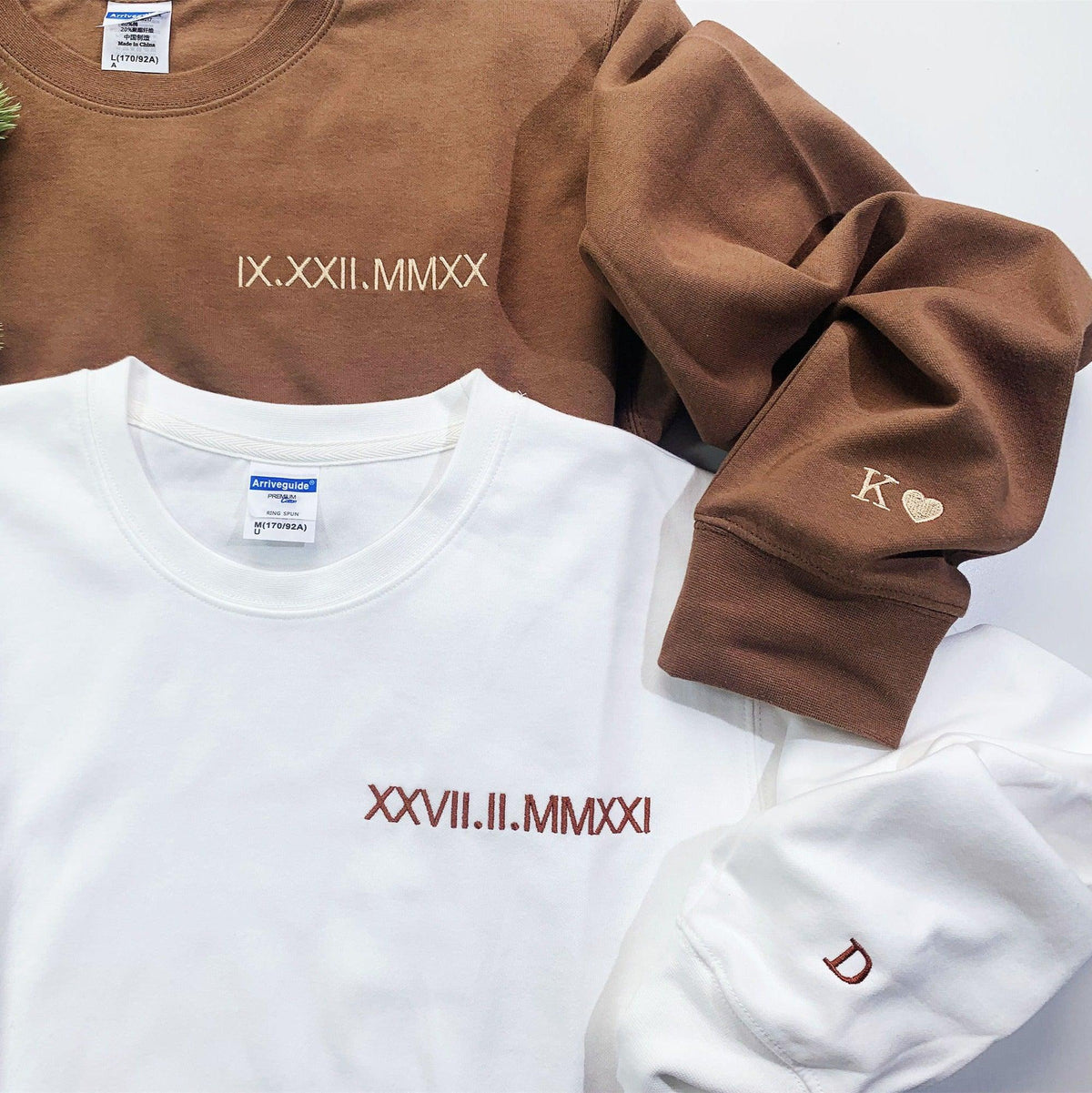 Custom Embroidered Crewneck Sweatshirt Roman Numeral Initial Anniversary Gift On Sleeve