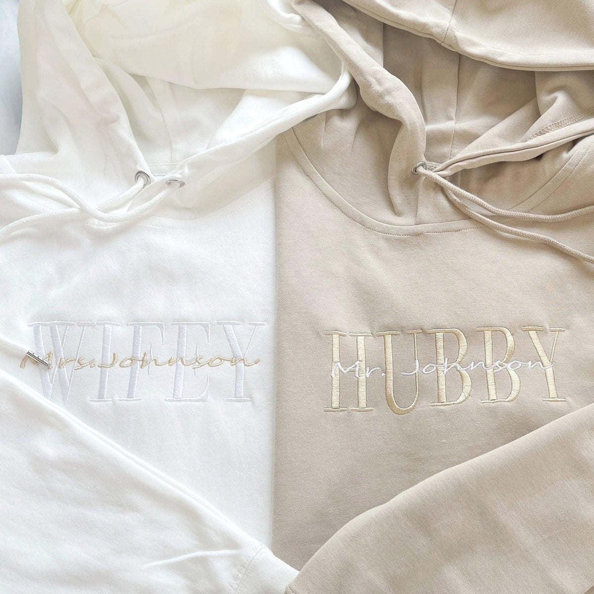 Custom Embroidered Wifey Hubby Date On Sleeve Anniversary Sweatshirt Hoodies