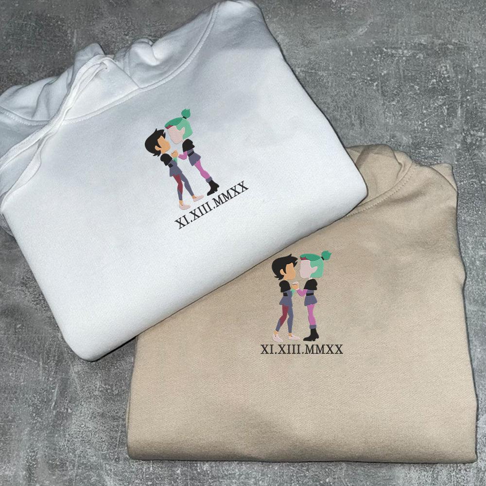 Custom Embroidered Roman Numeral Hoodies For Couples, Roman Numeral Date Hoodie, Cute Cartoon Couples Embroidered Hoodie