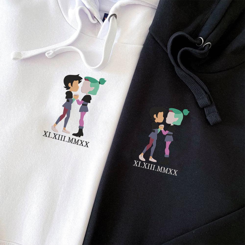 Custom Embroidered Roman Numeral Hoodies For Couples, Roman Numeral Date Hoodie, Cute Cartoon Couples Embroidered Hoodie
