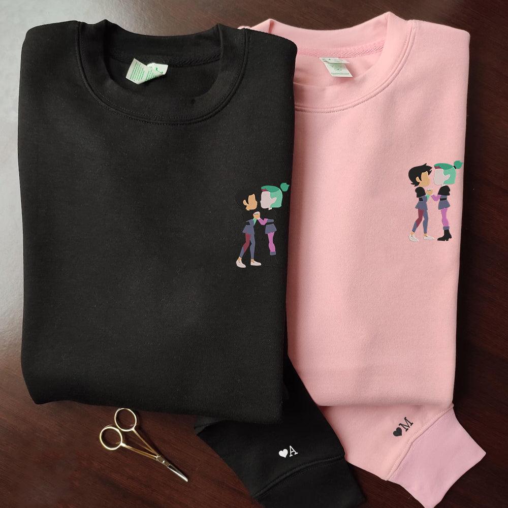 Custom Embroidered Sweatshirts For Couples, Custom Matching Couple Sweatshirt, Cute Cartoon Couples Embroidered Crewneck Sweater