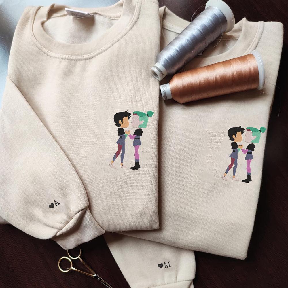 Custom Embroidered Sweatshirts For Couples, Custom Matching Couple Sweatshirt, Cute Cartoon Couples Embroidered Crewneck Sweater