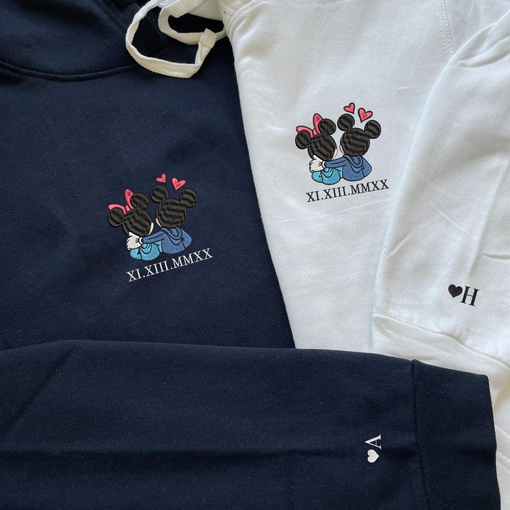 Custom Embroidered Roman Numeral Hoodies For Couples, Roman Numeral Date Hoodie, Cute Cartoon Mouses Hearts Couples Embroidered Hoodie