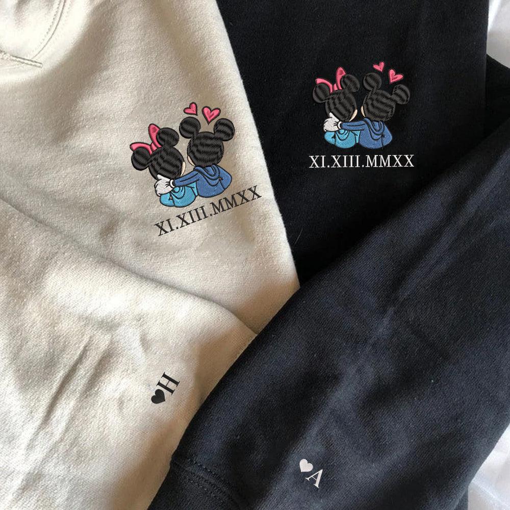 Custom Embroidered Roman Numeral Hoodies For Couples, Roman Numeral Date Hoodie, Cute Cartoon Mouses Hearts Couples Embroidered Hoodie