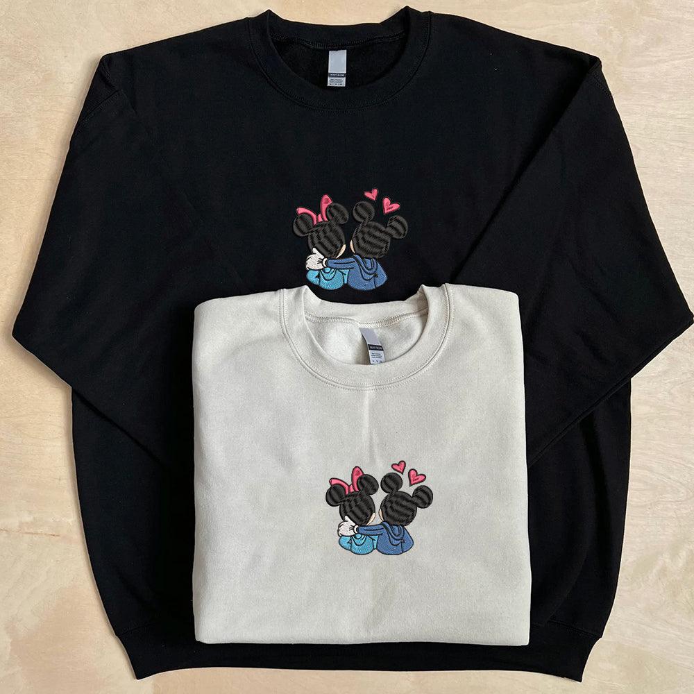 Custom Embroidered Sweatshirts For Couples, Custom Matching Couple Sweatshirt, Cute Couples Mouses Hearts Embroidered Crewneck Sweater