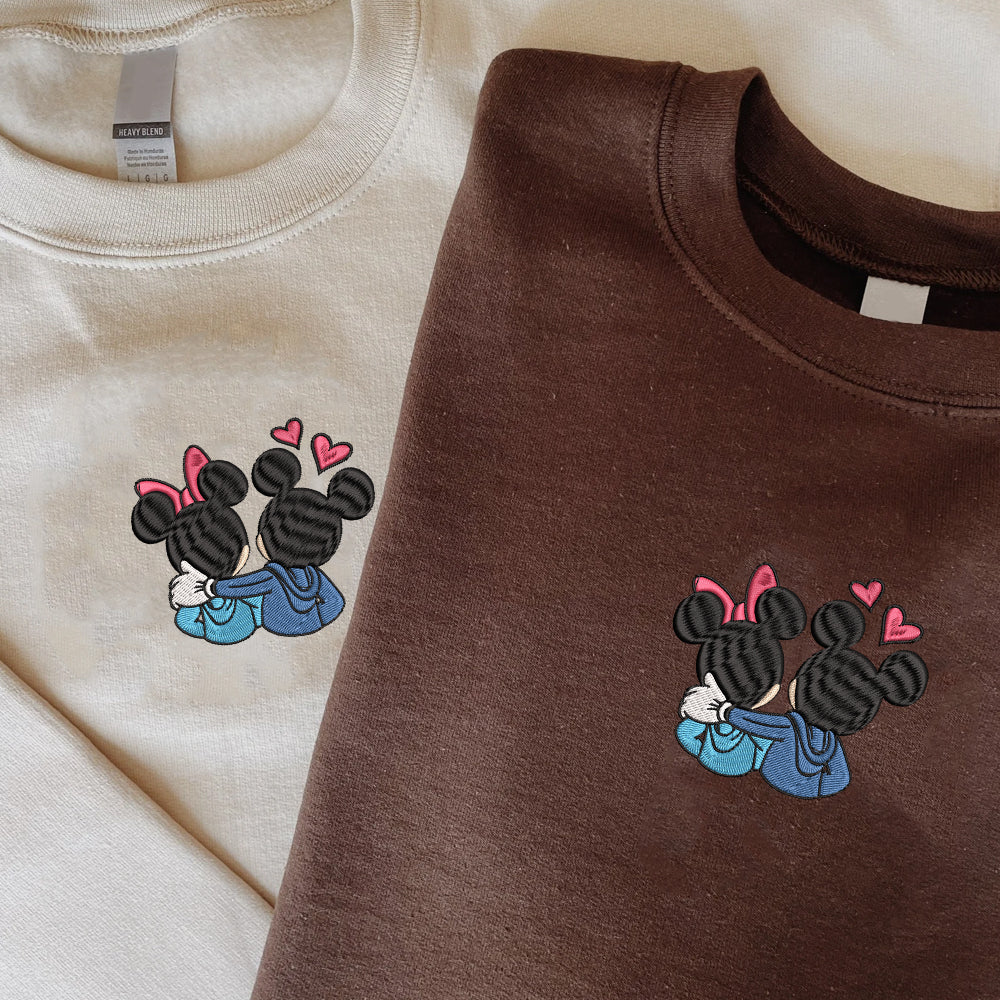 Custom Embroidered Sweatshirts For Couples, Custom Matching Couple Sweatshirt, Cute Couples Mouses Hearts Embroidered Crewneck Sweater