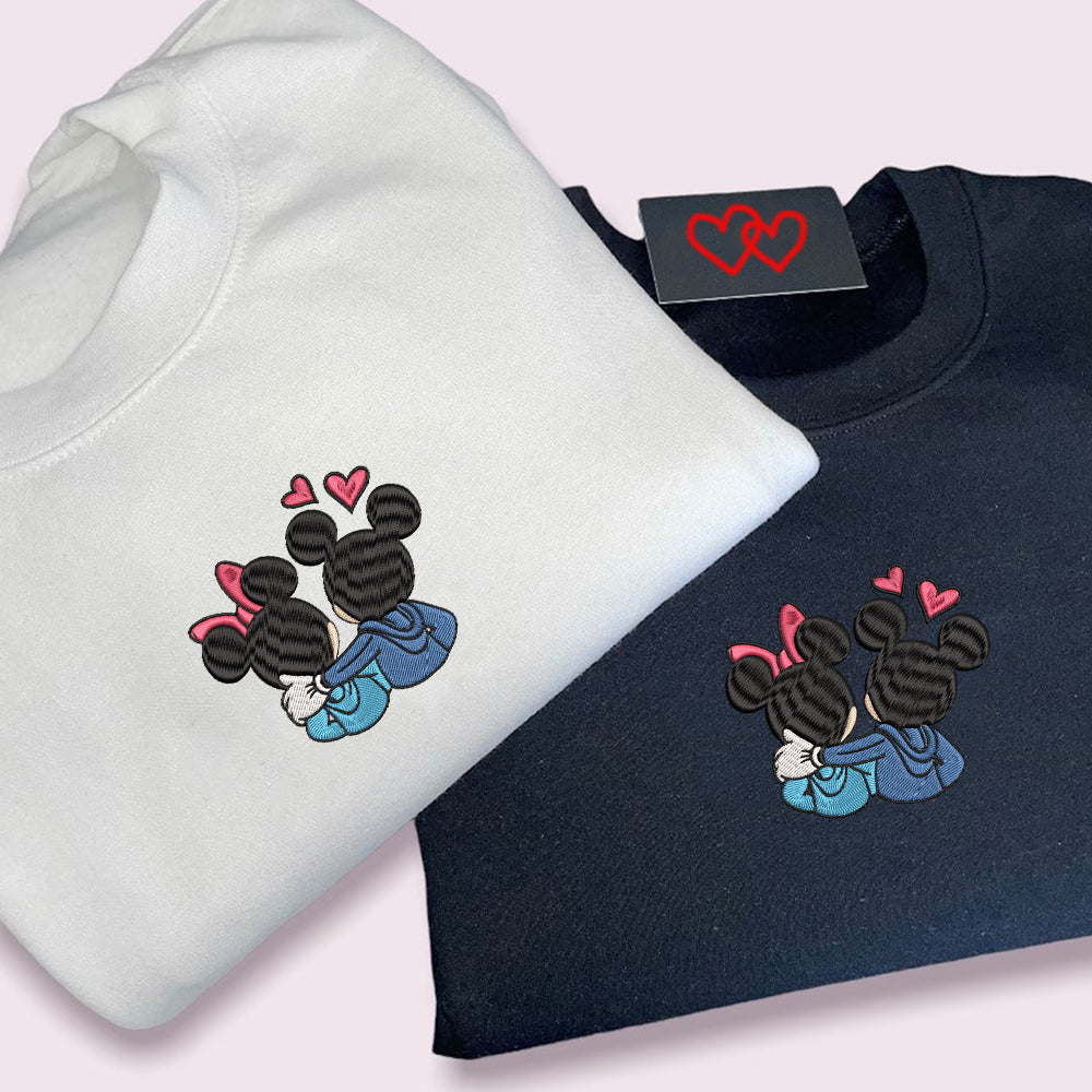 Custom Embroidered Sweatshirts For Couples, Custom Matching Couple Sweatshirt, Cute Couples Mouses Hearts Embroidered Crewneck Sweater