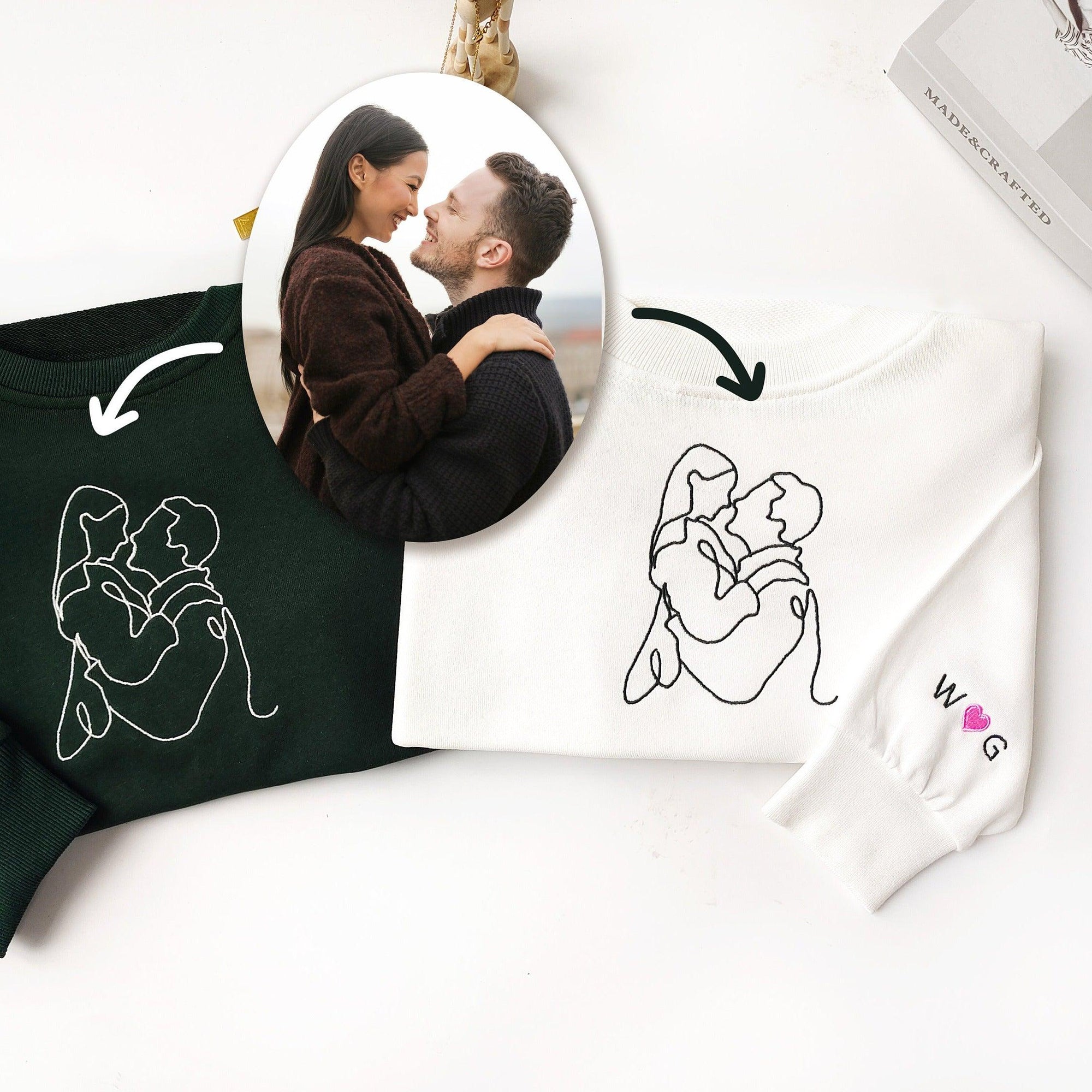 Custom Embroidered Hoodies For Couples, Custom Embroidered Portrait From Photo Matching Couple Hoodie, Outline Photo Embroidered Hoodie