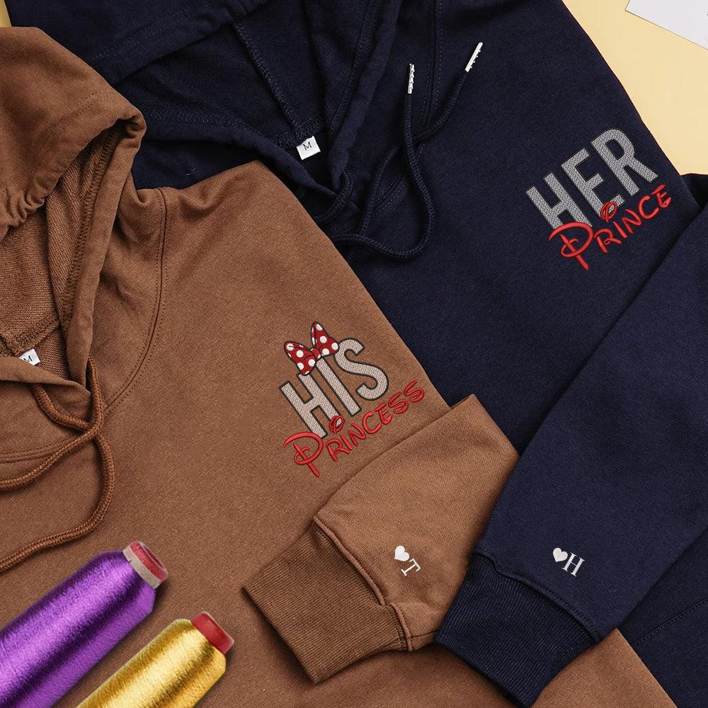 Custom Her Prince His Princess Cartoon Inspired Embroidered Honeymoon Couples Matching Embroidered Sweatshirt Hoodies