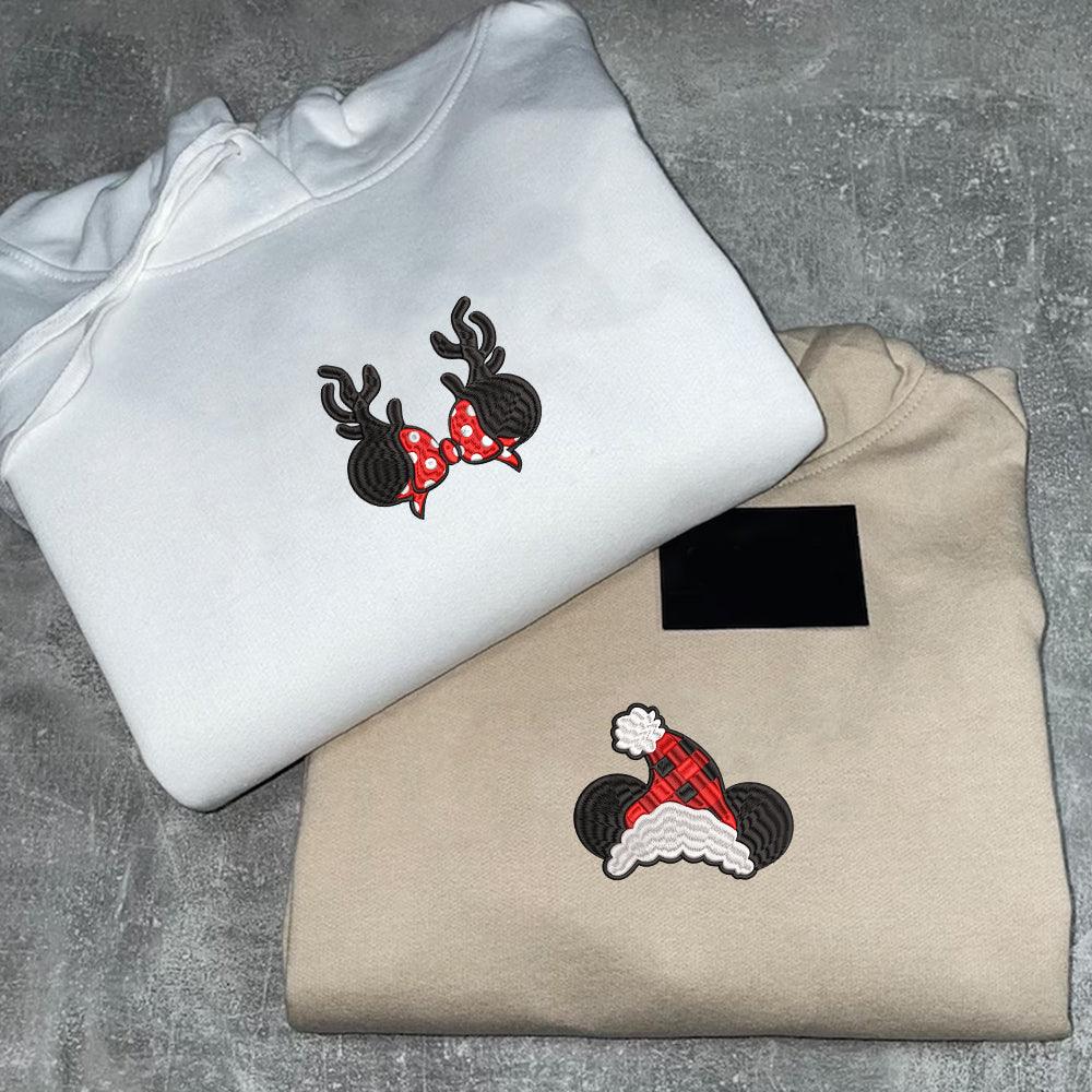 Custom Embroidered Hoodies For Couples, Custom Embroidered Cartoon Mouses Christmas Couples Embroidered Hoodies