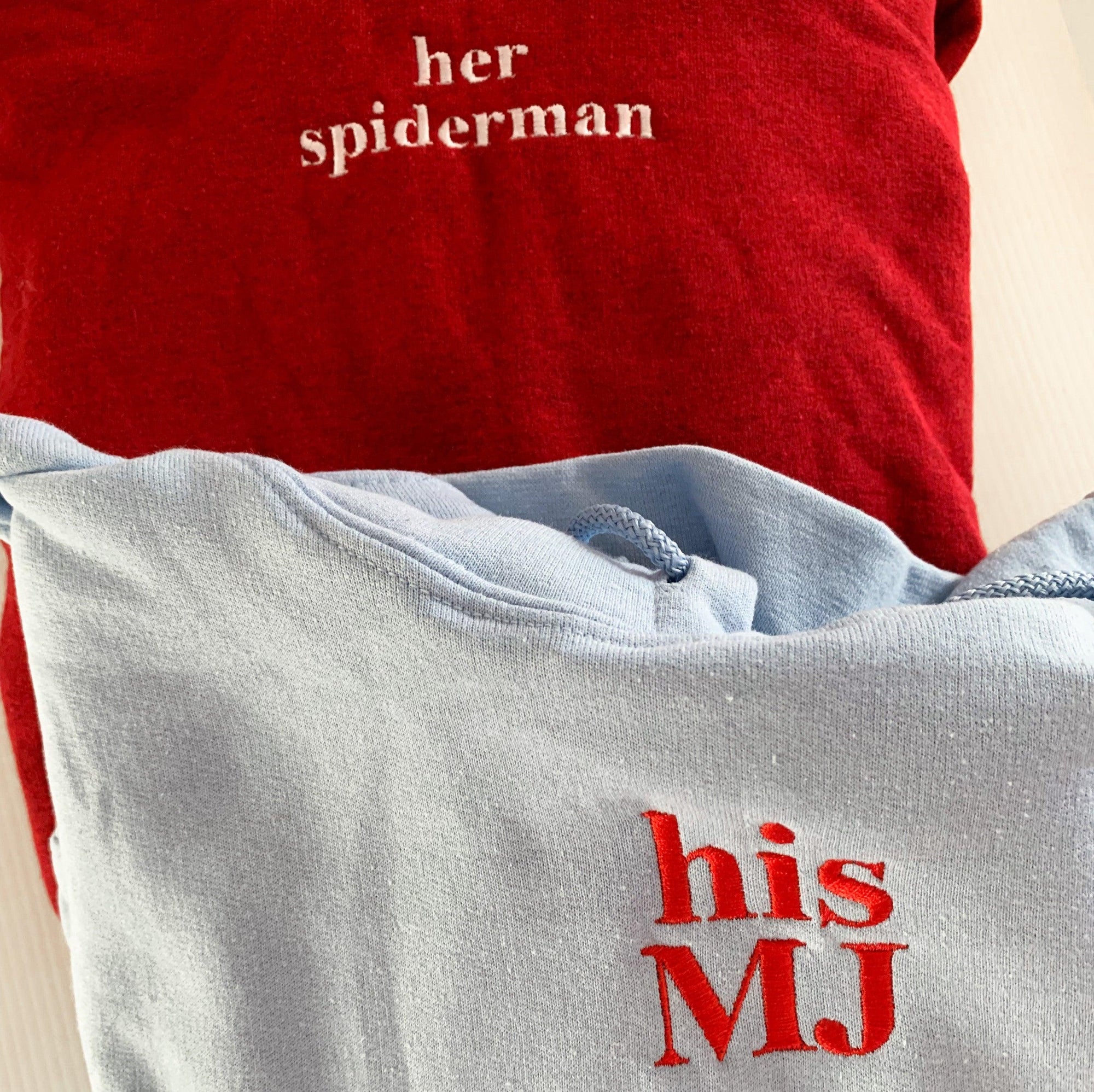 Custom Her Spiderman His MJ Embroidered Matching Set Couple Sweatshirt Hoodies