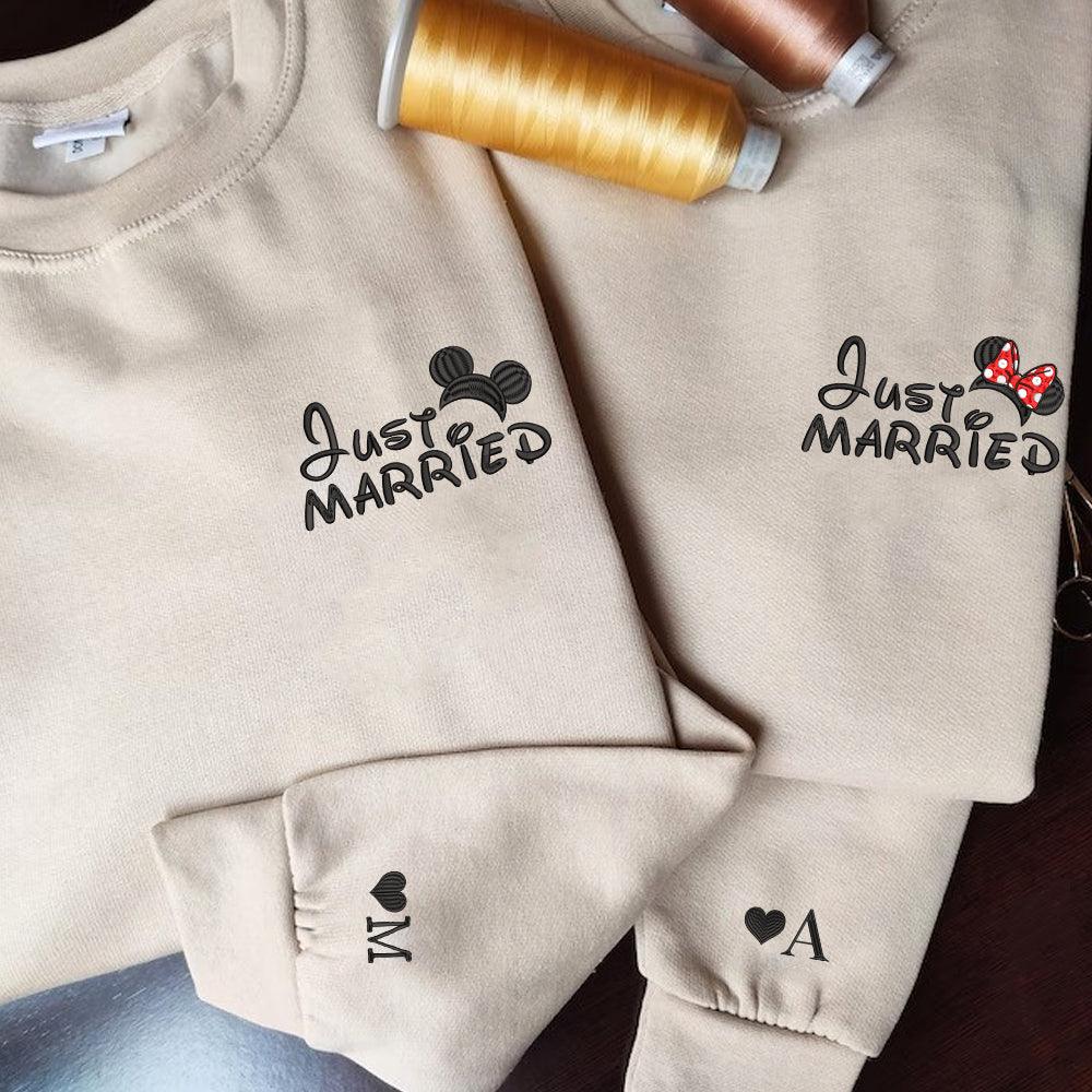 Custom Just Married Cartoon Inspired Embroidered Honeymoon Couples Matching Embroidered Sweatshirt Hoodies