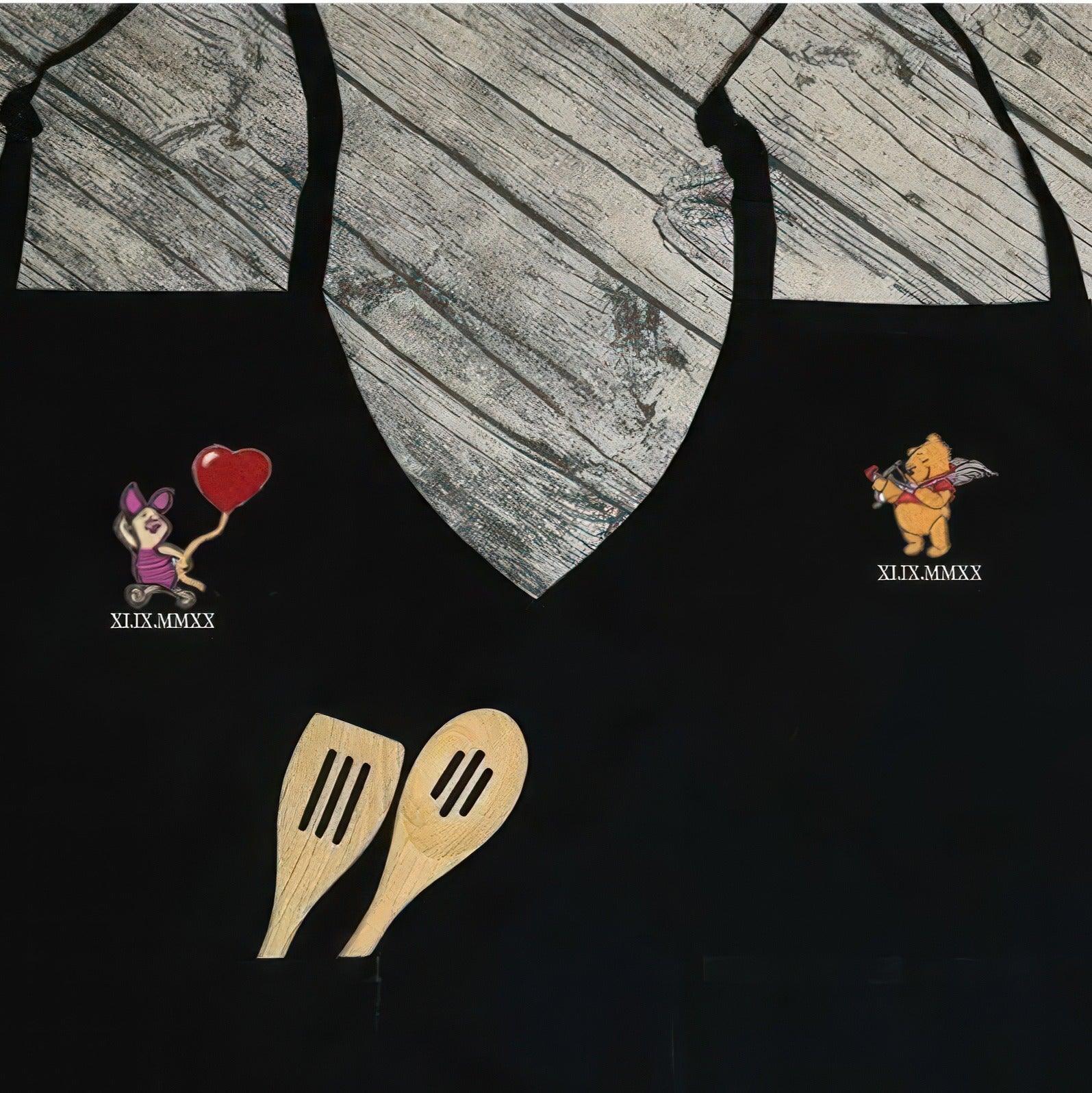 Custom Embroidered Aprons For Couples, Matching Disney Couples Aprons, Cute Bear Couples Cartoon Character Embroidered Aprons