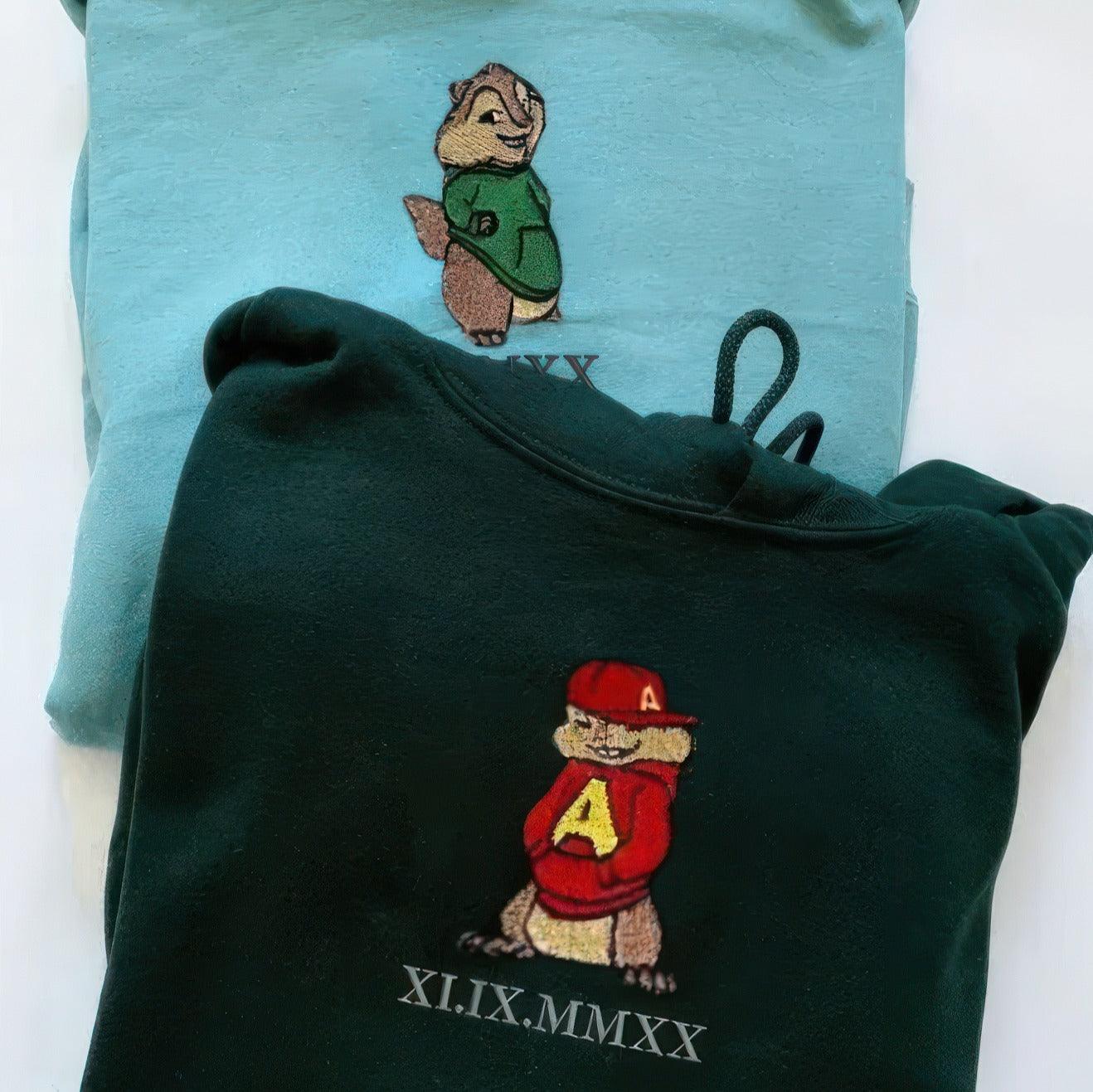 Custom Embroidered Hoodies For Couples, Best Matching Hoodies For Couples, Cute Chipmunks Cartoons Character Embroidery Sweatshirt