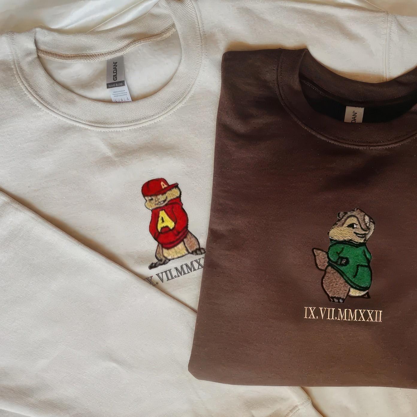Custom Embroidered Sweatshirts For Couples, Matching Sweatshirts For Couples, Cute Chipmunks Cartoons Character Embroidery Sweatshirt