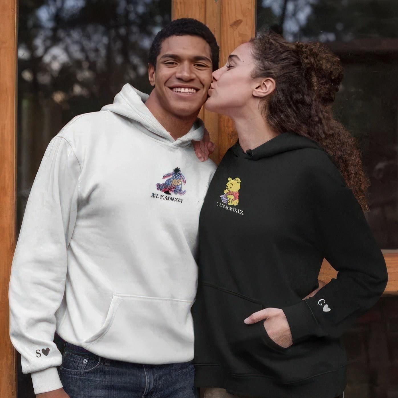 Custom Embroidered Hoodies For Couples, Matching Couples Hoodies, Bear Cartoon Character Couples Embroidery Sweatshirt