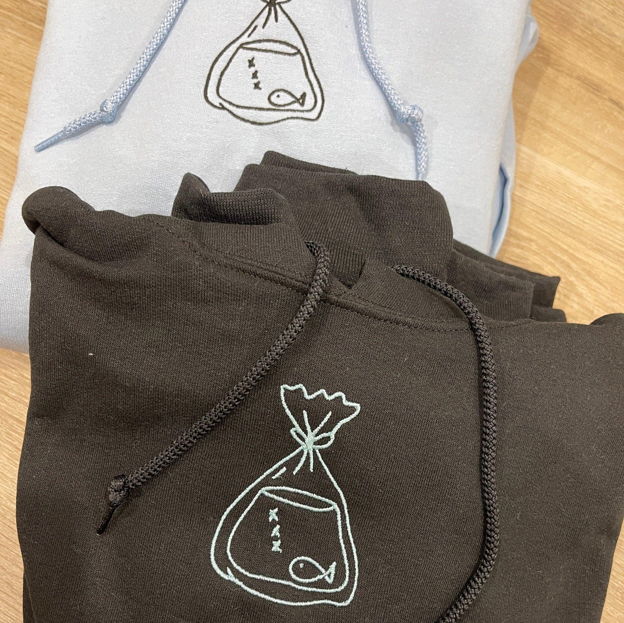 Custom Fish in a Bag Embroidered Matching Set Couple Sweatshirt Hoodies