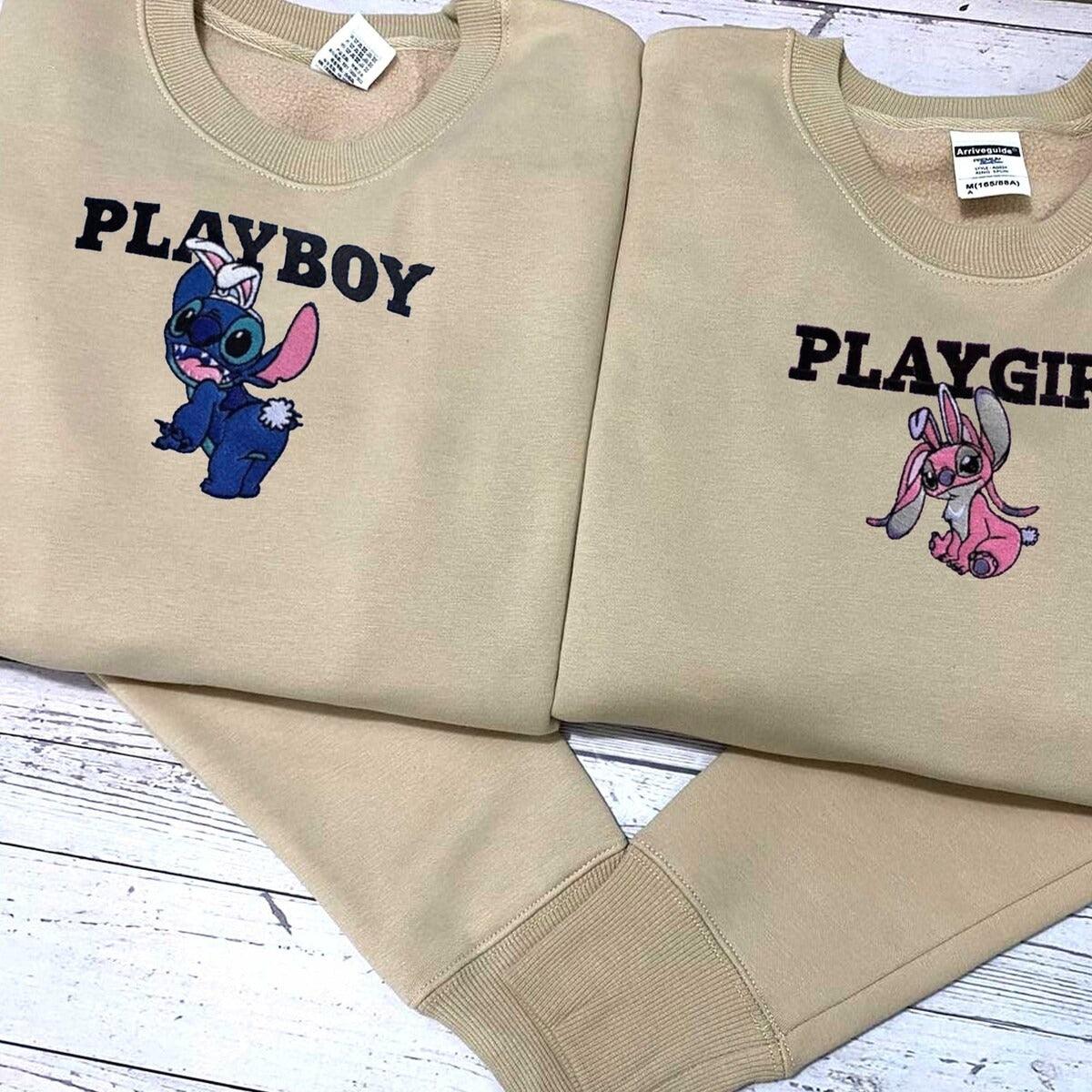 Custom Embroidered Hoodies For Couples, Custom Matching Couple Hoodies, Cartoon Stitch Inspired Funny Couples Embroidered Matching Hoodie