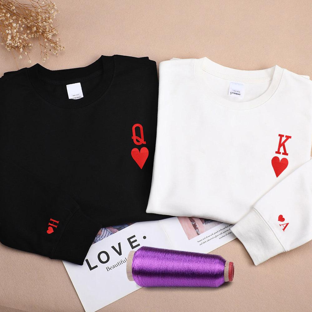 Custom King and Queen Embroidered Heart Couples Matching Embroidered Sweatshirt Hoodies