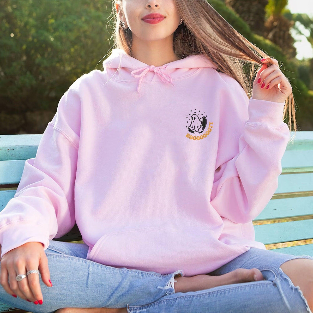 Custom Halloween Embroidered Sweatshirts For Couples, Custom Matching Couple Hoodies, Ghost Booooty Couples Embroidered Matching Sweater