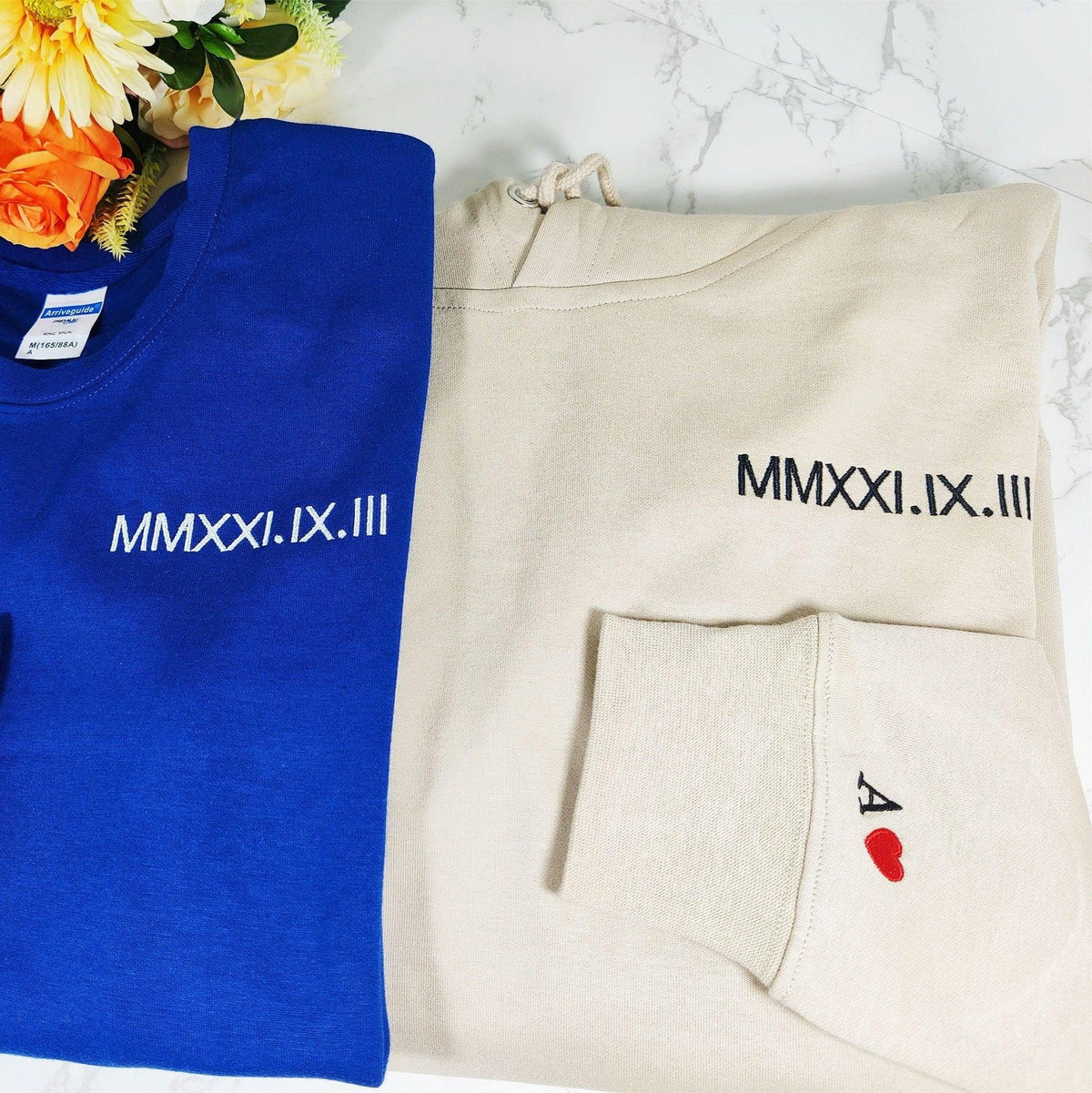 Custom Embroidered Matching Sweatshirt with Roman Numeral Sweater Text & Initials On Sleeve