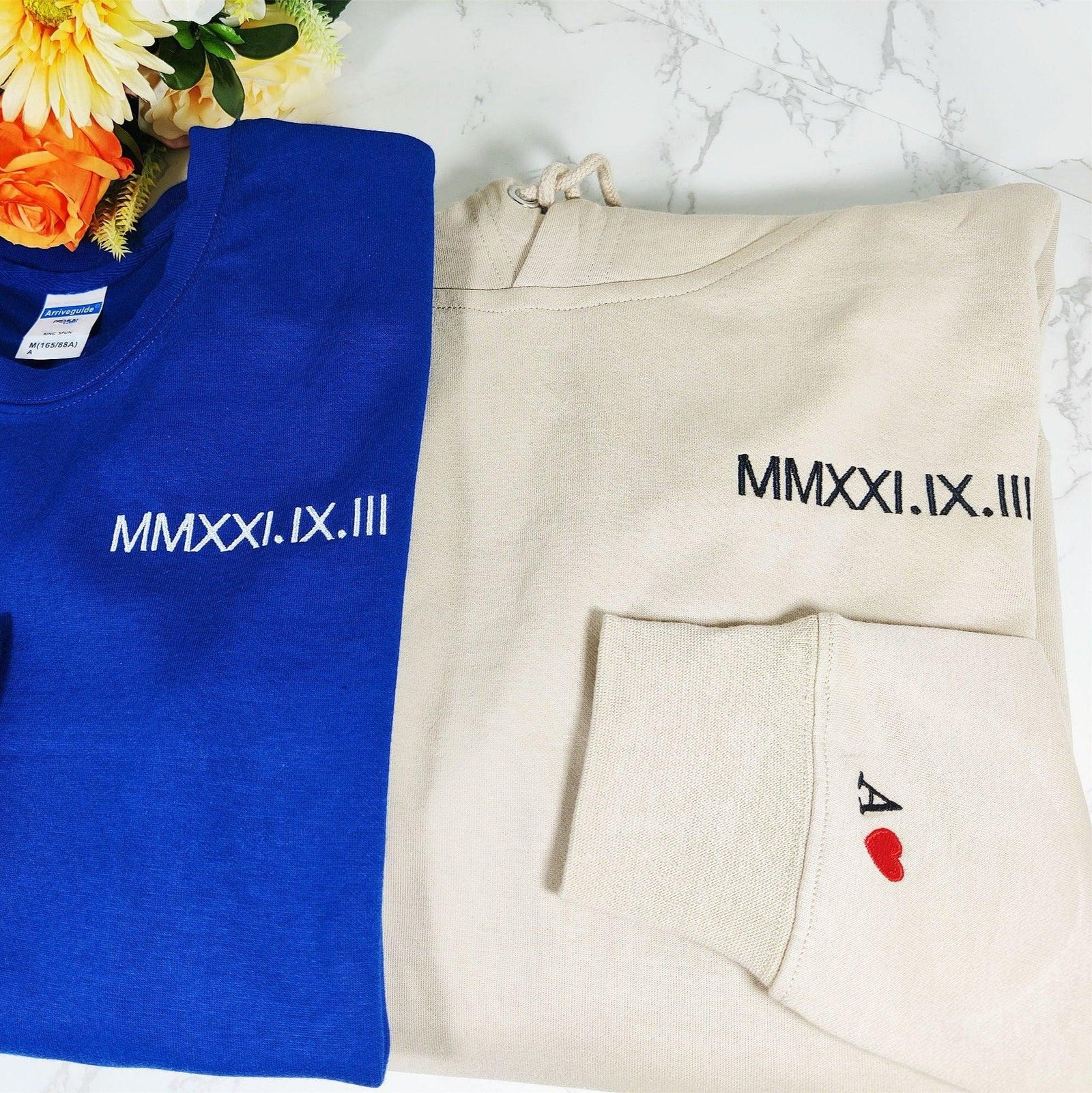 Custom Embroidered Matching Sweatshirt with Roman Numeral Sweater Text & Initials On Sleeve