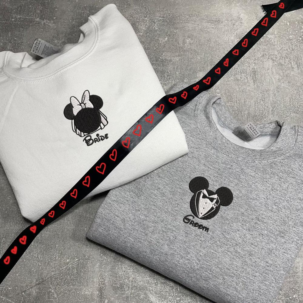 Custom Embroidered Sweatshirts For Couples, Custom Matching Couple Sweatshirt, Cartoon Mouses Bride Groom Couples Embroidered Sweater