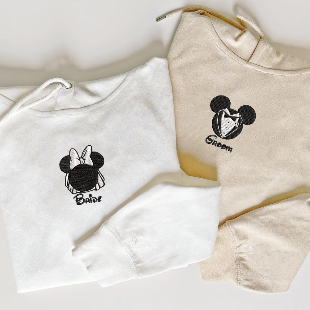 Custom Embroidered Hoodies For Couples, Custom Matching Couple Hoodie, Cartoon Mouses Bride Groom Couples Embroidered Hoodie