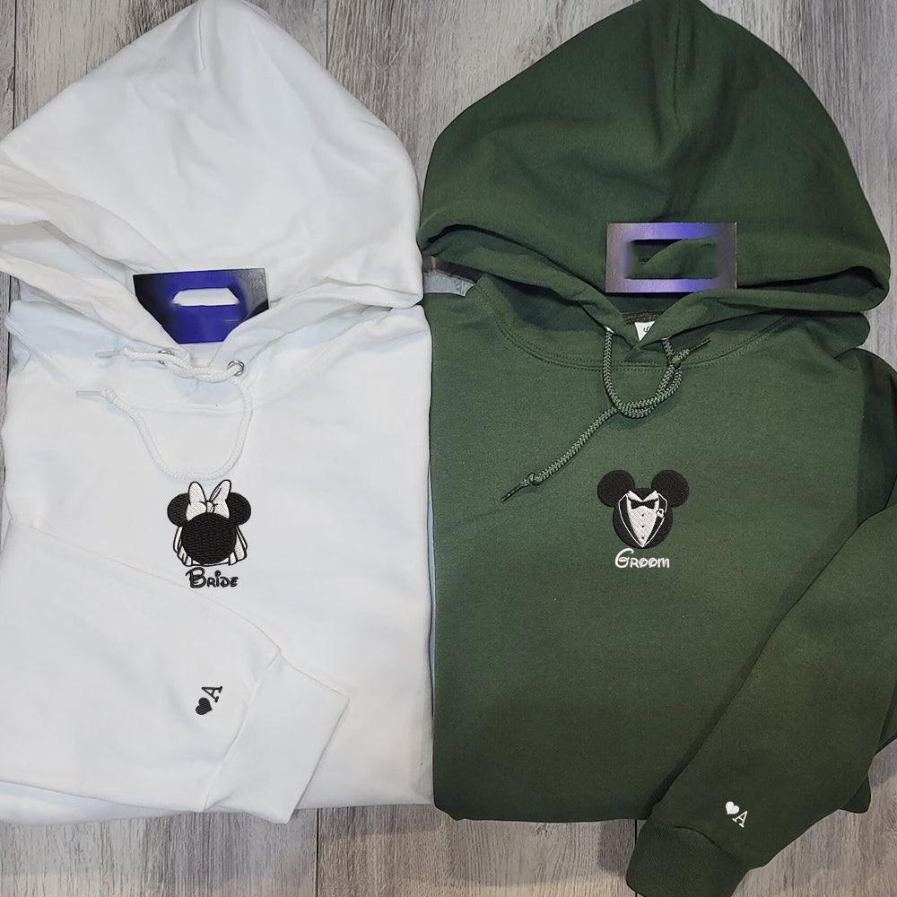 Custom Embroidered Hoodies For Couples, Custom Matching Couple Hoodie, Cartoon Mouses Bride Groom Couples Embroidered Hoodie