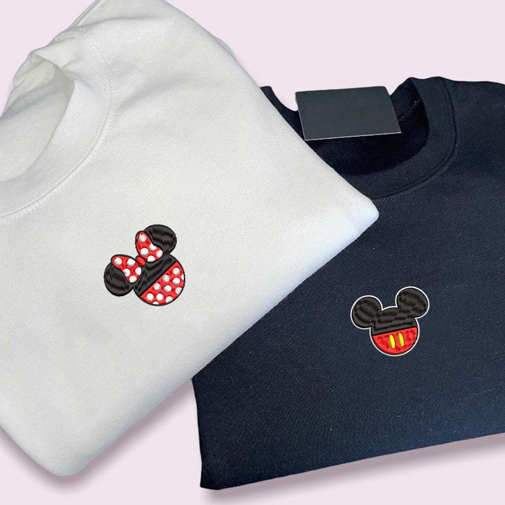 Custom Embroidered Sweatshirts For Couples, Custom Matching Couple Sweatshirt, Cartoon Mouses Happy Couples Embroidered Sweater