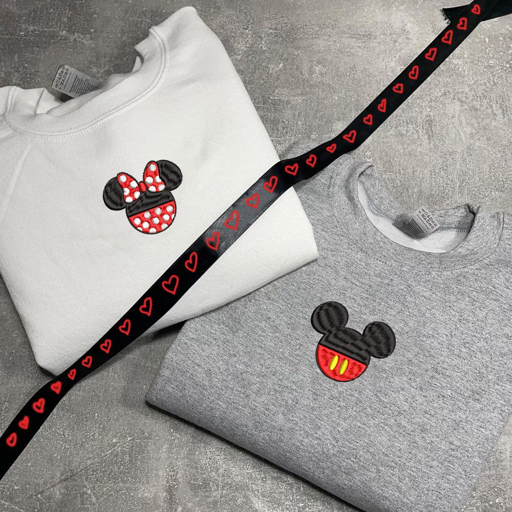 Custom Embroidered Sweatshirts For Couples, Custom Matching Couple Sweatshirt, Cartoon Mouses Happy Couples Embroidered Sweater