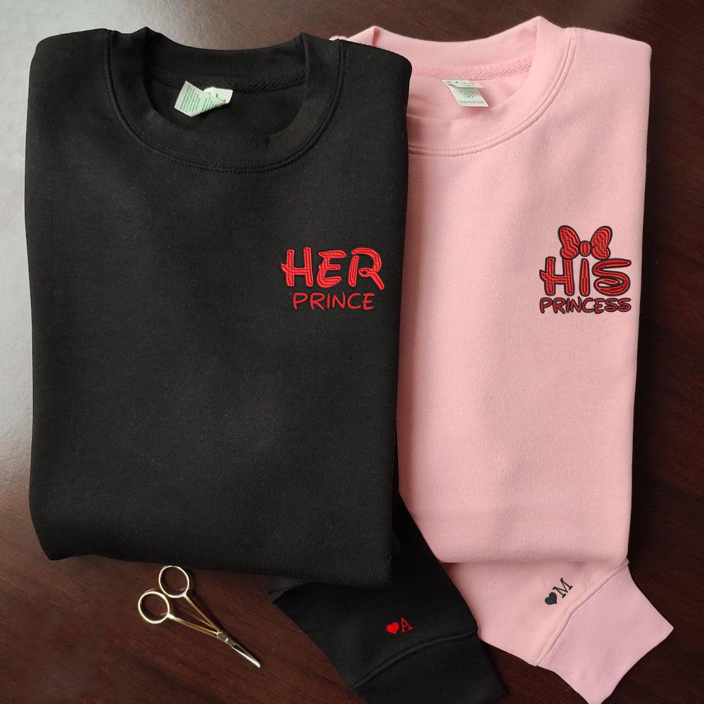 Custom Embroidered Sweatshirts For Couples, Custom Matching Couple Sweatshirt, Her Prince His Princess Couples Embroidered Sweater