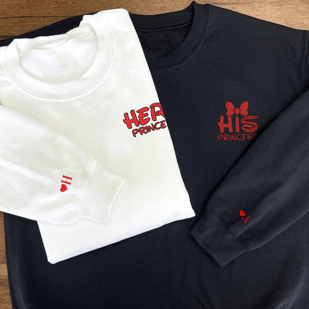 Custom Embroidered Sweatshirts For Couples, Custom Matching Couple Sweatshirt, Her Prince His Princess Couples Embroidered Sweater