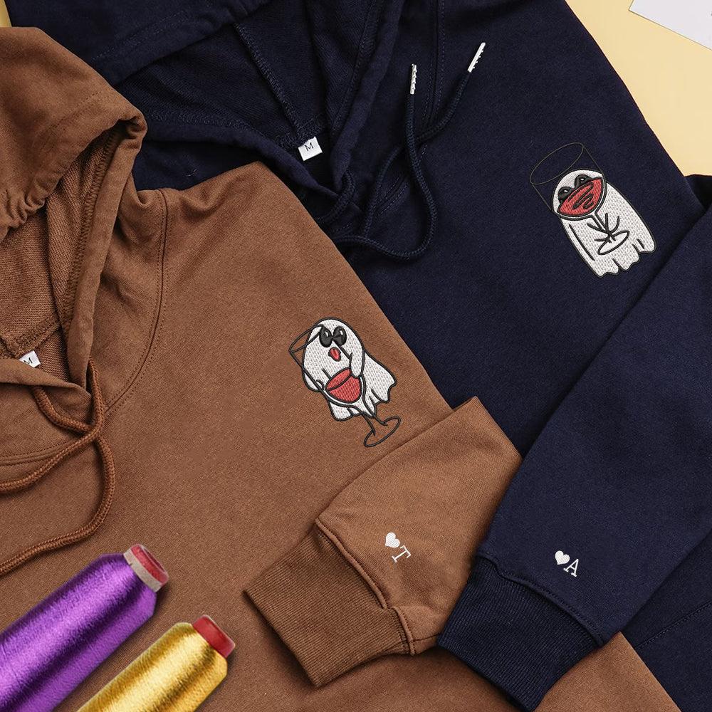 Custom Embroidered Hoodies For Couples, Custom Matching Couple Hoodie, Cute Ghost Cartoon Couples Embroidered Hoodie