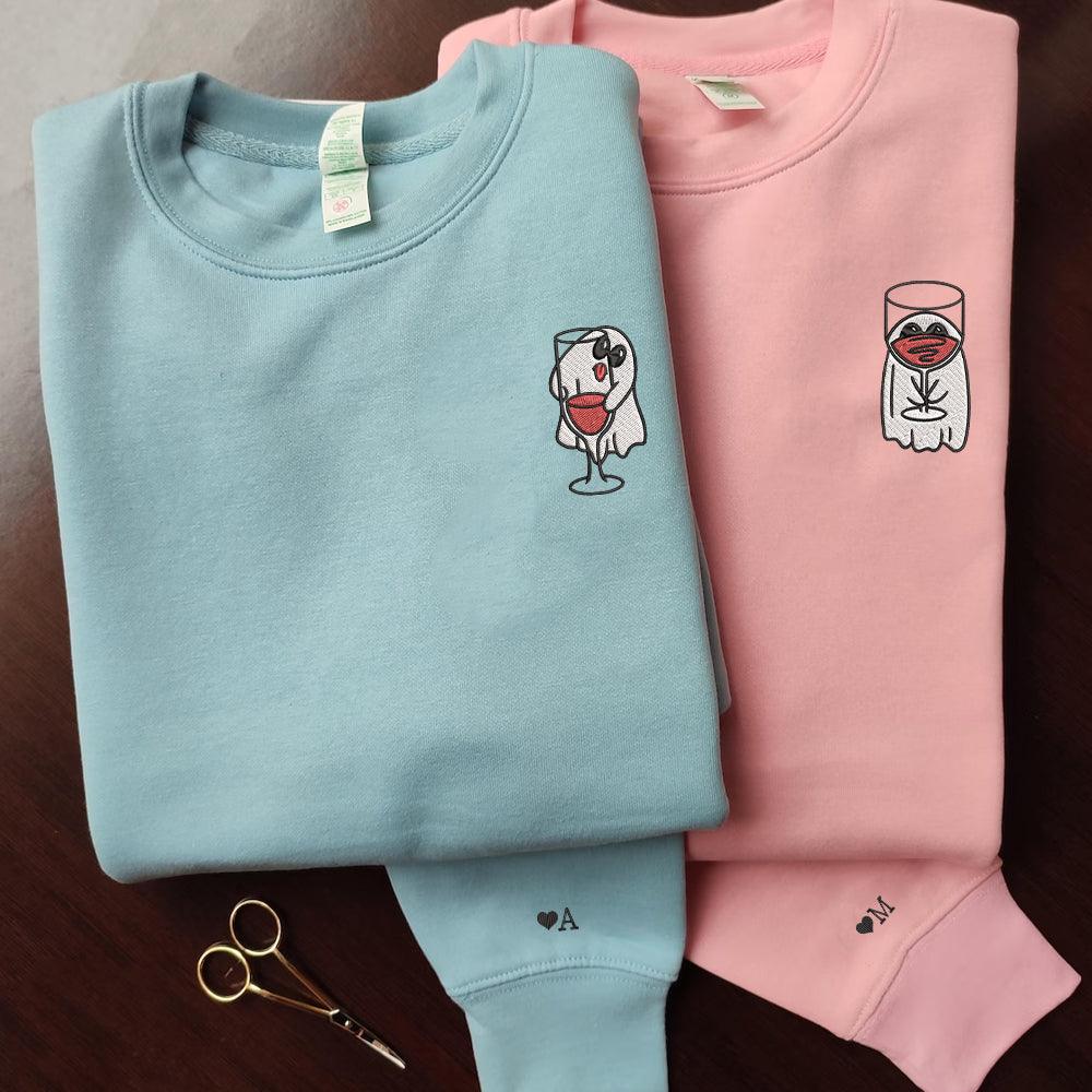 Custom Embroidered Sweatshirts For Couples, Custom Matching Couple Sweatshirt, Cute Ghost Couples Embroidered Crewneck Sweater
