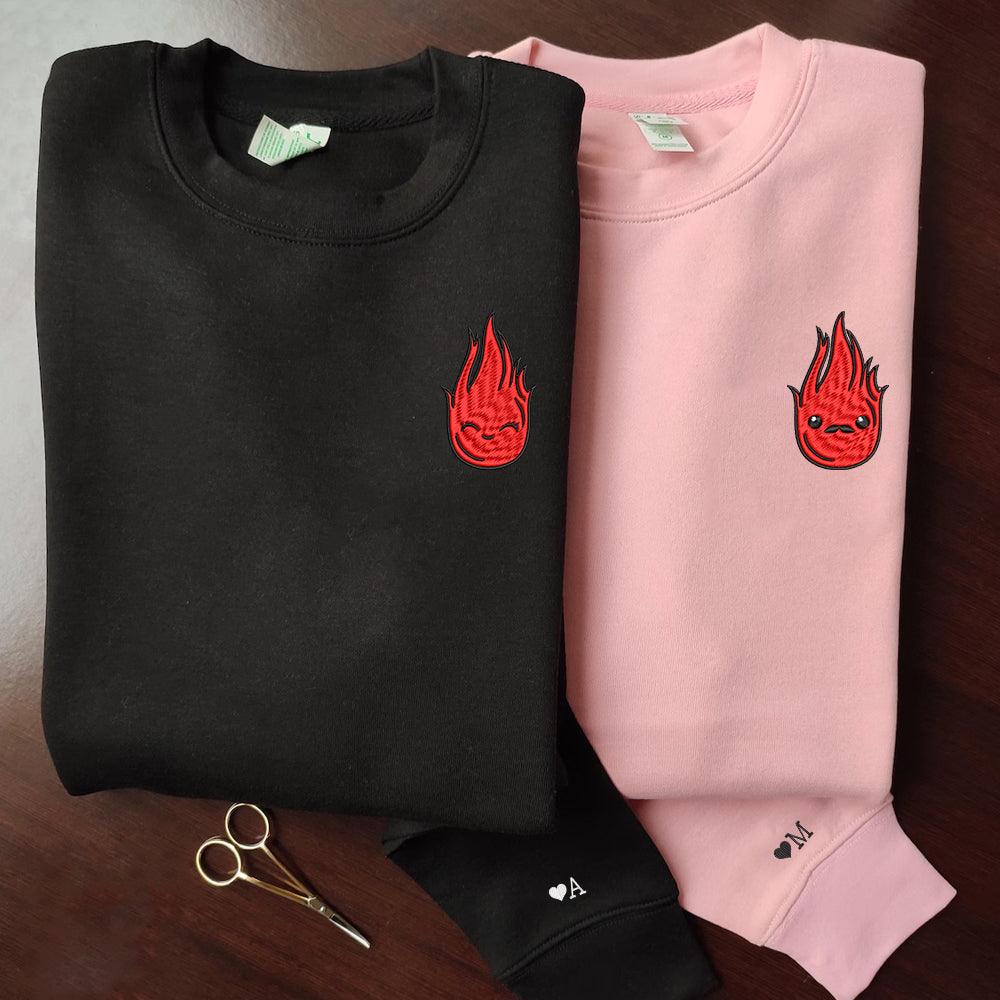 Custom Embroidered Sweatshirts For Couples, Custom Matching Couple Sweatshirt, Flame Couples Embroidered Crewneck Sweater