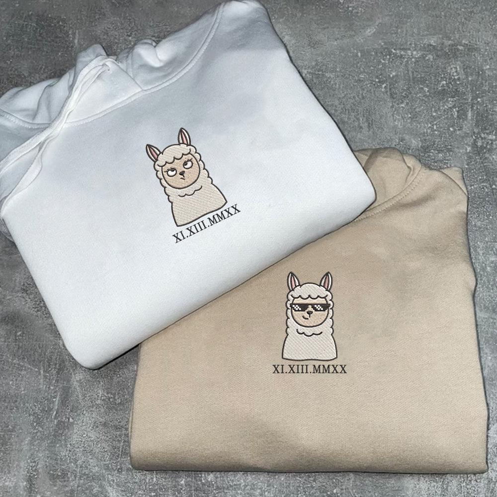 Custom Embroidered Roman Numeral Hoodies For Couples, Roman Numeral Date Hoodie, Sheep Cartoon Couples Embroidered Hoodie