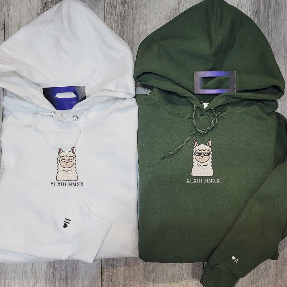 Custom Embroidered Roman Numeral Hoodies For Couples, Roman Numeral Date Hoodie, Sheep Cartoon Couples Embroidered Hoodie