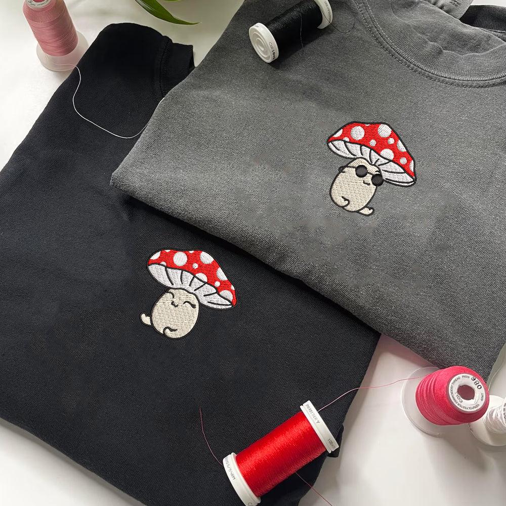 Custom Embroidered Sweatshirts For Couples, Custom Matching Couple Sweatshirt, Cute Mushroom Cartoon Couples Embroidered Crewneck Sweater