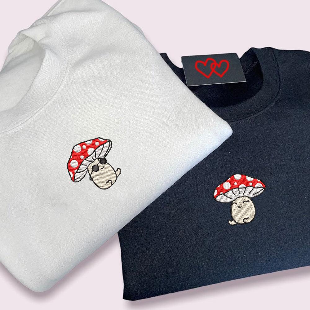 Custom Embroidered Sweatshirts For Couples, Custom Matching Couple Sweatshirt, Cute Mushroom Cartoon Couples Embroidered Crewneck Sweater