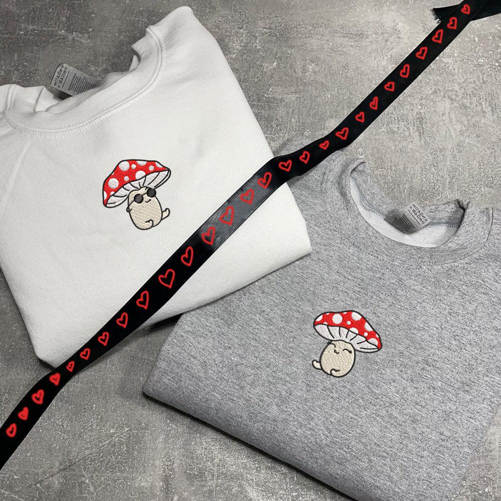 Custom Embroidered Sweatshirts For Couples, Custom Matching Couple Sweatshirt, Cute Mushroom Cartoon Couples Embroidered Crewneck Sweater