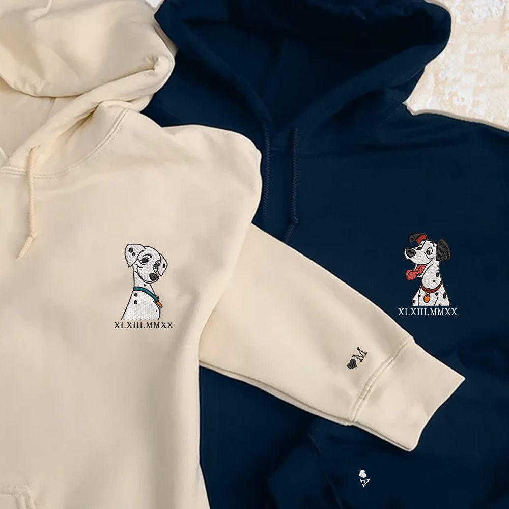 Custom Embroidered Roman Numeral Hoodies For Couples, Roman Numeral Date Hoodie, Cute Dogs Cartoon Couples Embroidered Hoodie