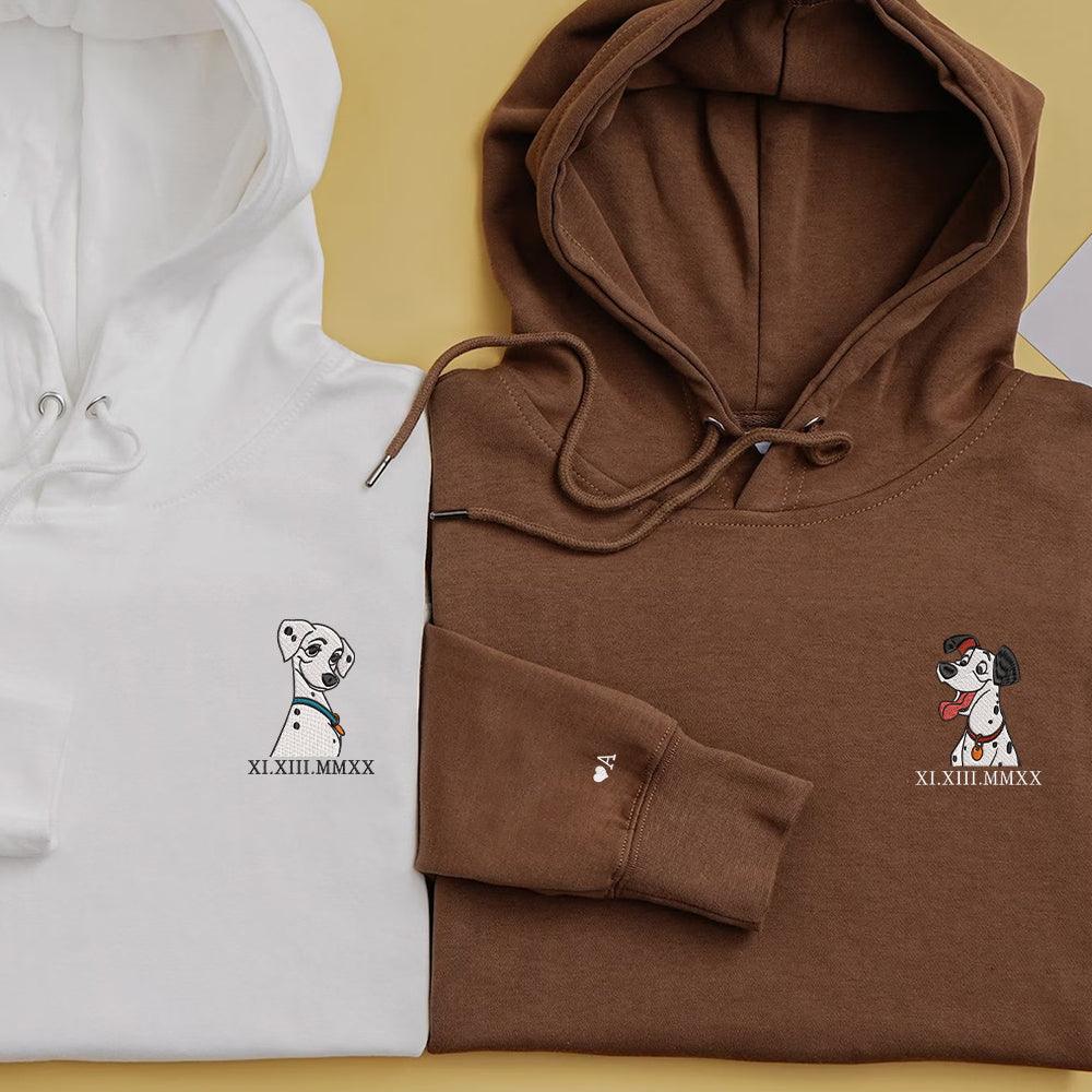 Custom Embroidered Roman Numeral Hoodies For Couples, Roman Numeral Date Hoodie, Cute Dogs Cartoon Couples Embroidered Hoodie