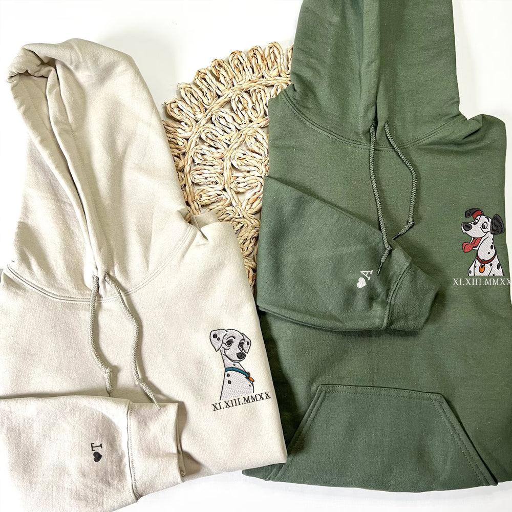Custom Embroidered Roman Numeral Hoodies For Couples, Roman Numeral Date Hoodie, Cute Dogs Cartoon Couples Embroidered Hoodie